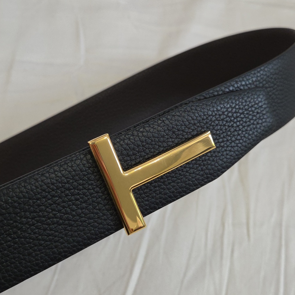 Tom Ford Black Leather Belt with Gold Accent